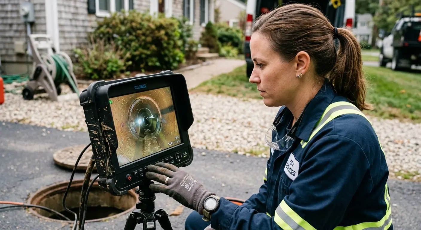 Technician reviewing sewer camera inspection footage in Southampton