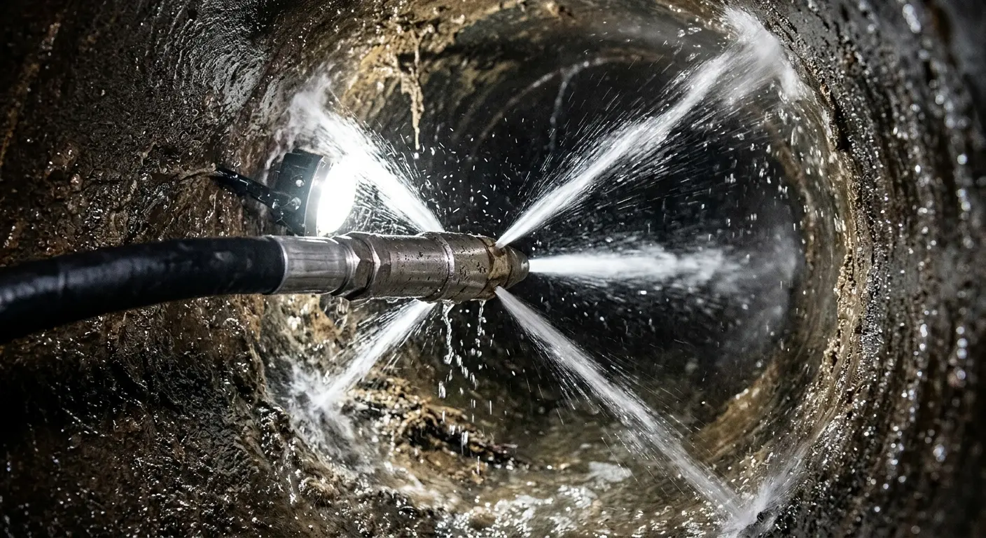 High-pressure hydro jetting nozzle cleaning sewer pipe for Storm Drain Cleaning in Southampton