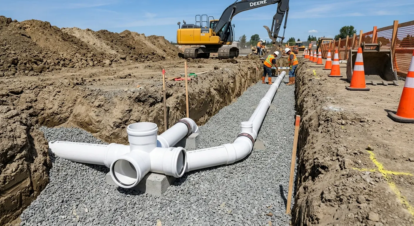 New PVC sewer pipe installation in open trench for Sewer Backup in Southampton